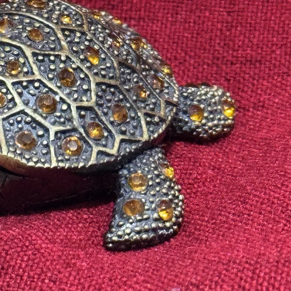 Rhinestone Turtle Trinket Box Enameled Magnetic Closure Tortoise Jeweled Brassy